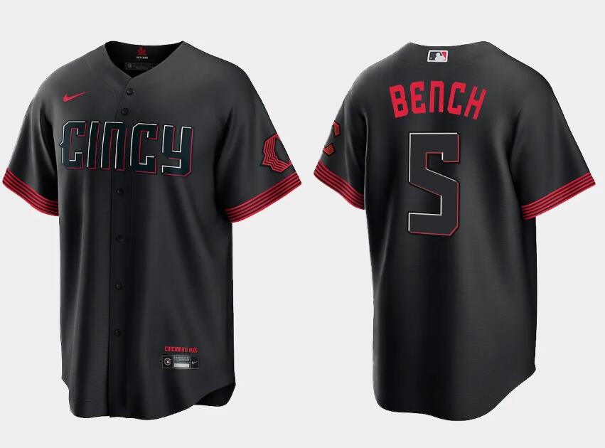 Men's Cincinnati Reds #5 Johnny Bench Black 2023 City Connect Cool Base Stitched Baseball Jersey